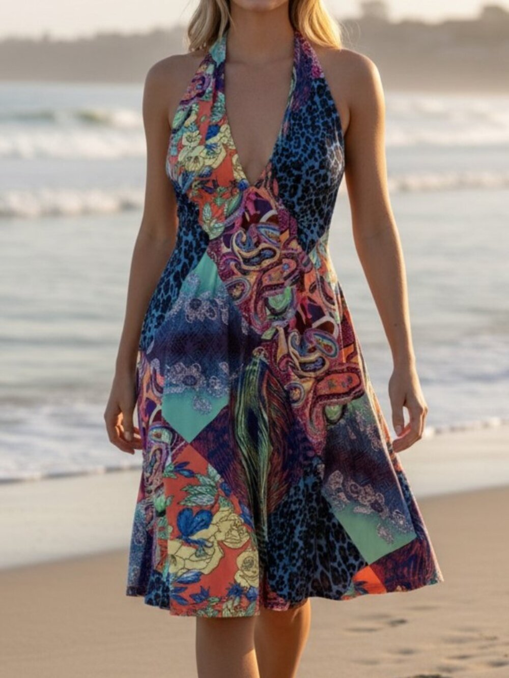 Catherine Malandrino halter dress Small stretch blue yellow orange green